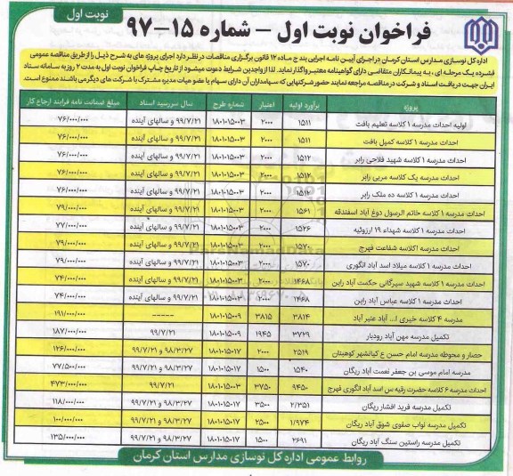 فراخوان, فراخوان احداث مدرسه 1 کلاسه...  