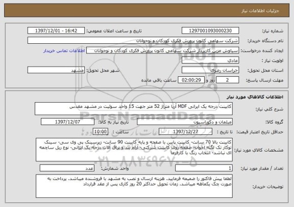 استعلام کابینت درجه یک ایرانی MDF آریا متراژ 52 متر جهت 15 واحد سوئیت در مشهد مقدس