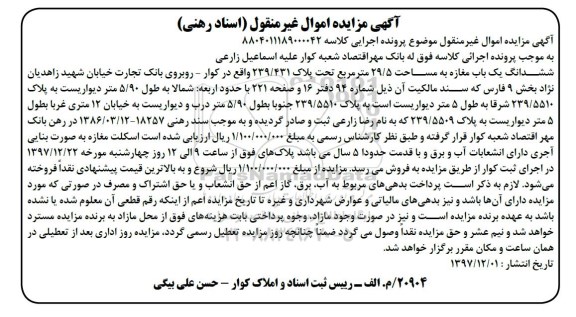 مزایده , مزایده ششدانگ یکباب مغازه 29.5 مترمربع 