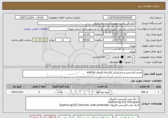 استعلام تمدید لایسنس و پشتیبانی یکساله فایروال sophos