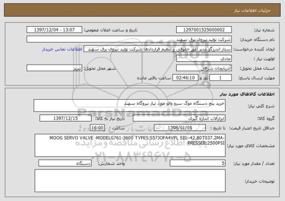 استعلام خرید پنج دستگاه موگ سرو والو مورد نیاز نیروگاه سهند