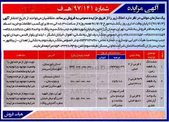 مزایده,مزایده قطعه زمین به مساحت 2109357.49