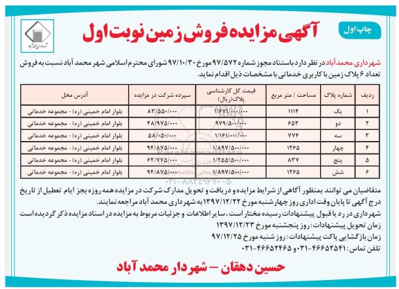 مزایده مزایده فروش تعداد 6 پلاک زمین با کاربری خدماتی نوبت اول چاپ اول