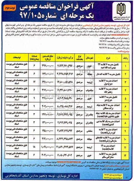 آگهی فراخوان مناقصه عمومی, مناقصه  تکمیل مدرسه 6 کلاسه و... - نوبت دوم 