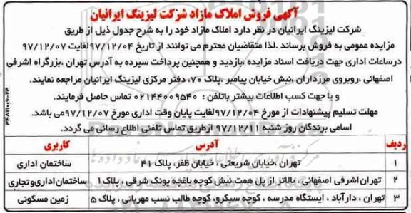 مزایده, مزایده فروش املاک مازاد کاربری ساختمان اداری و تجاری 