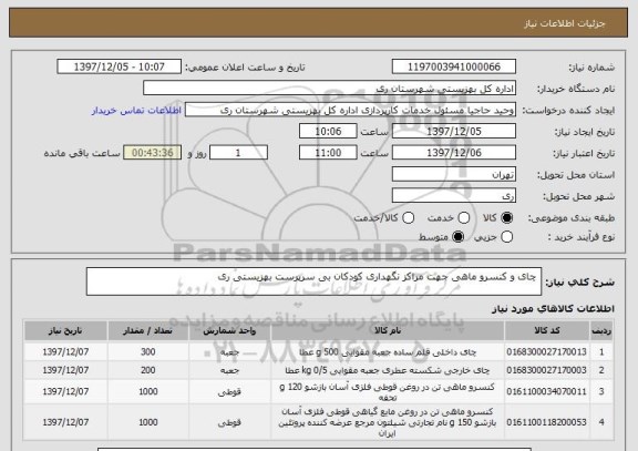 استعلام  چای و کنسرو ماهی جهت مراکز نگهداری کودکان بی سرپرست بهزیستی ری