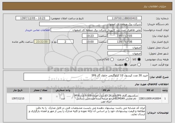 استعلام خرید 30 عدد کپسول 10 کیلوگرمی حاوی گاز SF6