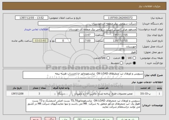 استعلام سرویس و اورهال تپ چنجرهای ON LOAD  ترانسفورماتور -با احتساب هزینه بیمه 