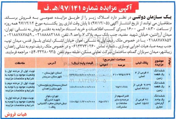 آگهی مزایده ،مزایده فروش املاک