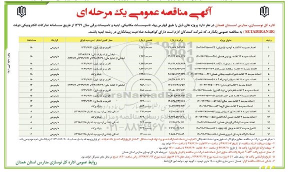 آگهی مناقصه عمومی, مناقصه احداث مدرسه 12 کلاسه توحید
