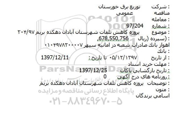 مناقصه ,مناقصه پروژه کاهش تلفات شهرستان 