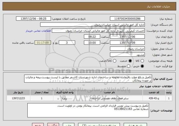 استعلام تکمیل و رفع موارد باقیمانده محوطه و ساختمان اداره شهرستان کاشمر مطابق با لیست پیوست.بیمه و مالیات بر عهده پیمانکار. 
