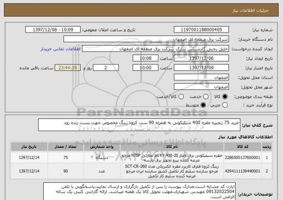 استعلام خرید 75 زنجیره مقره 400 سیلیکونی به همراه 90 ست کرونا رینگ مخصوص جهت پست زنده رود