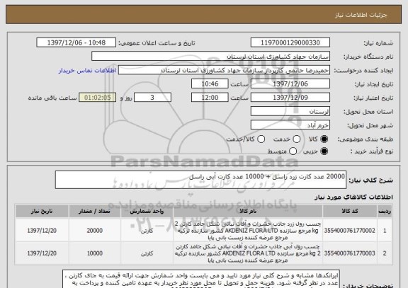 استعلام 20000 عدد کارت زرد راسل + 10000 عدد کارت آبی راسل