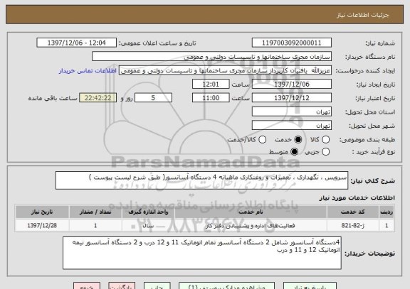 استعلام سرویس ، نگهداری ، تعمیرات و روغنکاری ماهیانه 4 دستگاه آسانسور( طبق شرح لیست پیوست )