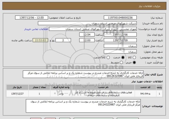 استعلام ارائه خدمات کارگزاری به شرح خدمات مندرج در پیوست شماره یک و بر اساس برنامه ابلاغی از سوی مرکز فن بازار ملی ایران 09124323987