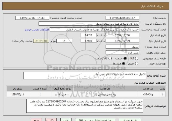 استعلام تکمیل سه کلاسه خیری بیوک خانلو پارس آباد
