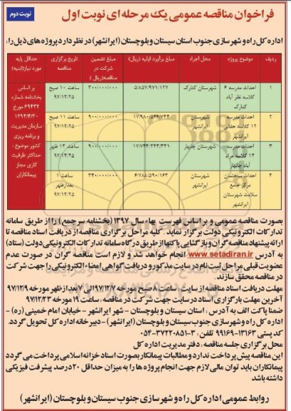 فراخوان مناقصه عمومی , فراخوان مناقصه احداث مدرسه 6 کلاسه... - نوبت دوم 