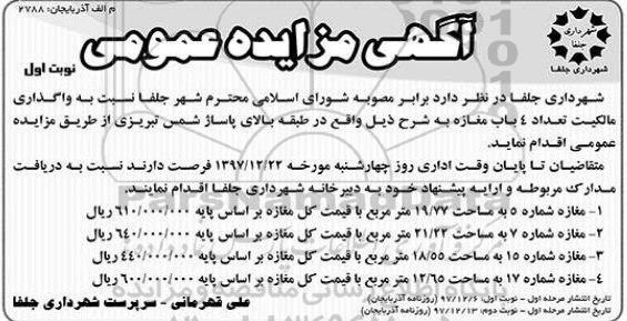 مزایده مزایده واگذاری 4 باب مغازه نوبت اول مرحله اول 
