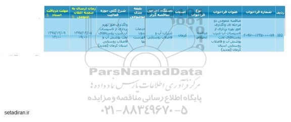 تجدید فراخوان مناقصه عمومی, تجدید مناقصه عمومی واگذاری امور بهره برداری از تاسیسات آب شرب
