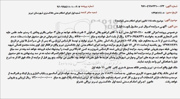 مزایده مزایده ششدانگ پلاک 115.31 مترمربع نوبت اول