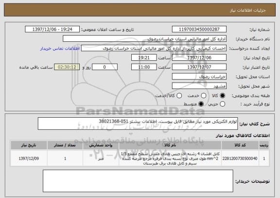استعلام لوازم الکتریکی مورد نیاز مطابق فایل پیوست. اطلاعات بیشتر 051-38021368 