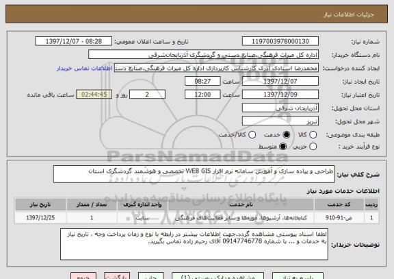 استعلام طراحی و پیاده سازی و آموزش سامانه نرم افزار WEB GIS تخصصی و هوشمند گردشگری استان