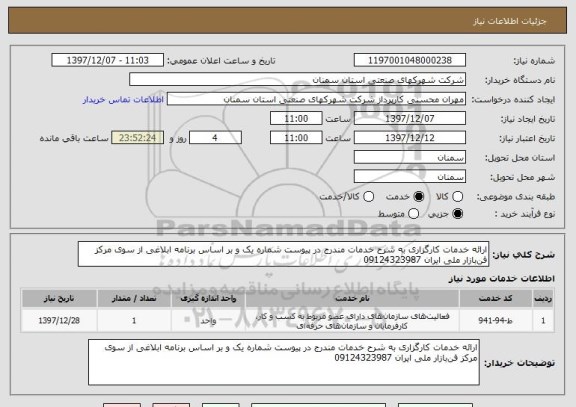 استعلام ارائه خدمات کارگزاری به شرح خدمات مندرج در پیوست شماره یک و بر اساس برنامه ابلاغی از سوی مرکز فن بازار ملی ایران 09124323987