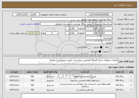 استعلام عملیات محوطه سازی کلینیک تخصصی بیمارستان حضرت رسول(ص) جوانرود