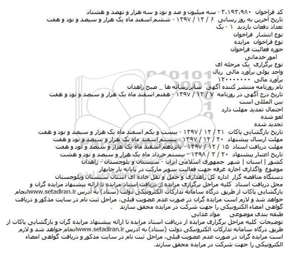 مزایده, مزایده واگذاری اجاره غرفه 