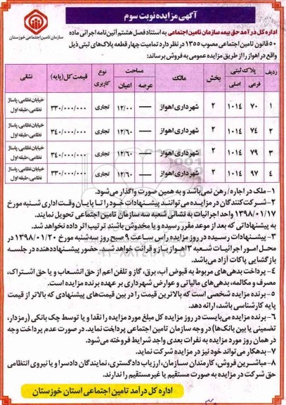 مزایده،مزایده فروش چهار قطعه پلاک های ثبتی نوبت سوم 