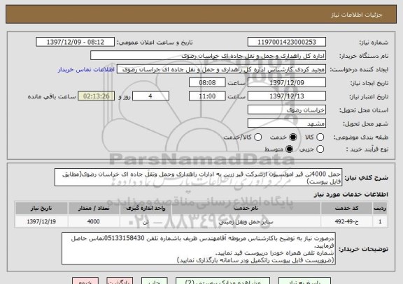 استعلام حمل 4000تن قیر امولسیون ازشرکت قیر زرین به ادارات راهداری وحمل ونقل جاده ای خراسان رضوی(مطابق فایل پیوست)