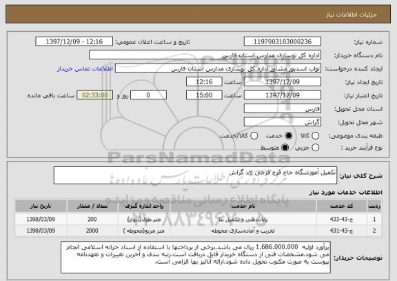 استعلام تکمیل آموزشگاه حاج فرج فرجی اِرَد گراش