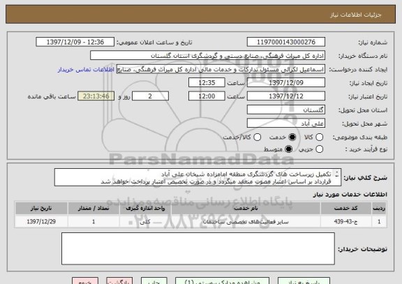 استعلام تکمیل زیرساخت های گردشگری منطقه امامزاده شیخان علی آباد
قرارداد بر اساس اعتبار مصوب منعقد میگردد و در صورت تخصیص اعتبار پرداخت خواهد شد
