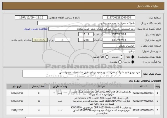 استعلام  خرید رم و هارد شرکت عمران شهر جدید بینالود طبق مشخصات درخواستی