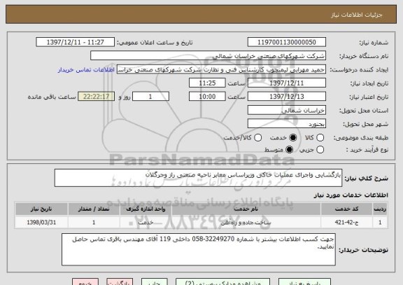 استعلام بازگشایی واجرای عملیات خاکی وزیراساس معابر ناحیه صنعتی راز وجرگلان