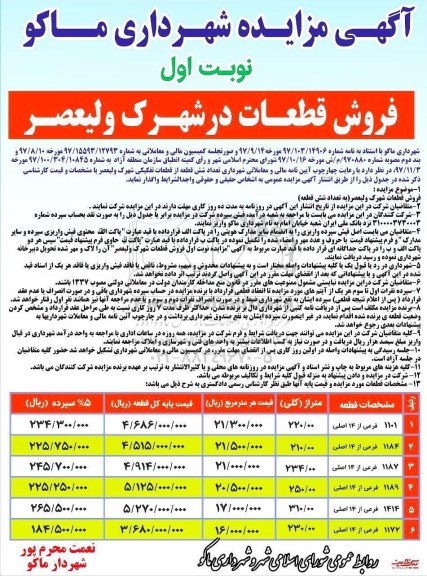 مزایده, مزایده فروش قطعات تفکیکی نوبت اول 