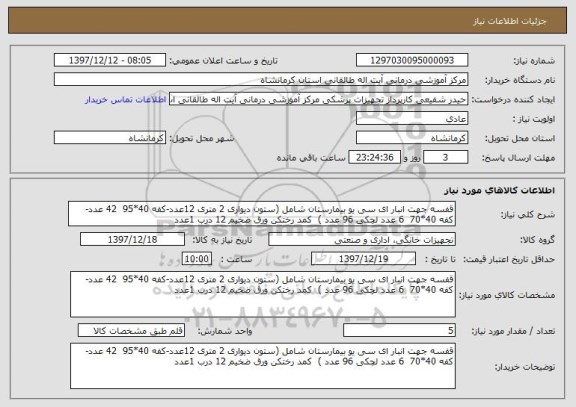 استعلام قفسه جهت انبار ای سی یو بیمارستان شامل (ستون دیواری 2 متری 12عدد-کفه 40*95  42 عدد- کفه 40*70  6 عدد لچکی 96 عدد )  کمد رختکن ورق ضخیم 12 درب 1عدد