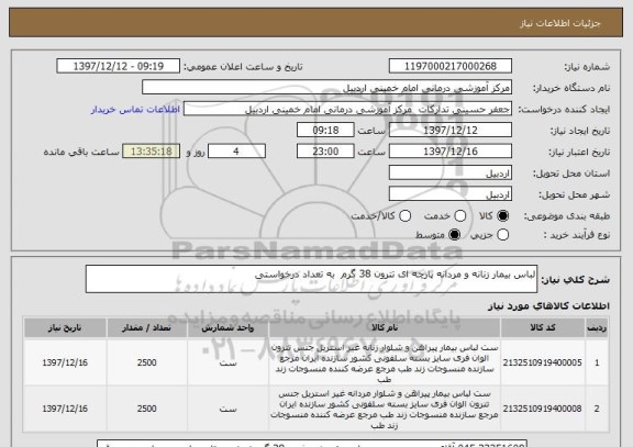 استعلام لباس بیمار زنانه و مردانه پارچه ای تترون 38 گرم  به تعداد درخواستی