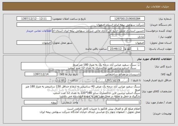 استعلام سنگ سفید عباس آباد درجه یک به متراژ 180 متر مربع
سنگ اسلپ پرشین لاین خاکستری به تعداد 12 عدد اسلپ
به شرح مشخصات پیوست