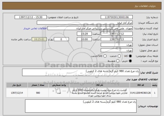 استعلام ران مرغ تعداد 980 کیلو گرم(بسته های 2 کیلویی)