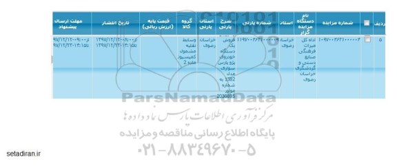 مزایده فروش یکدستگاه خودروی پژو پارس سواری