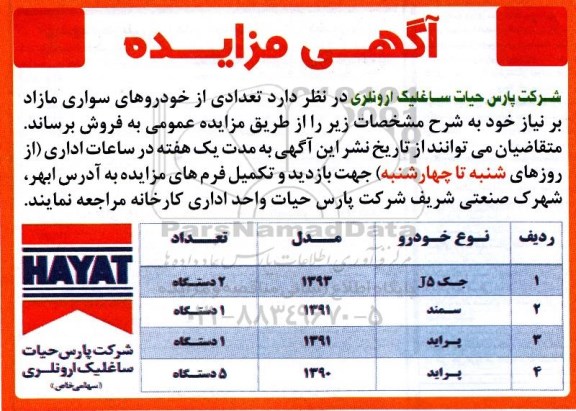 آگهی مزایده, مزایده تعدادی از خودروهای سواری مازاد 