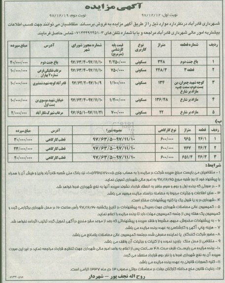 مزایده, مزایده فروش ملک با کاربری مسکونی نوبت اول 