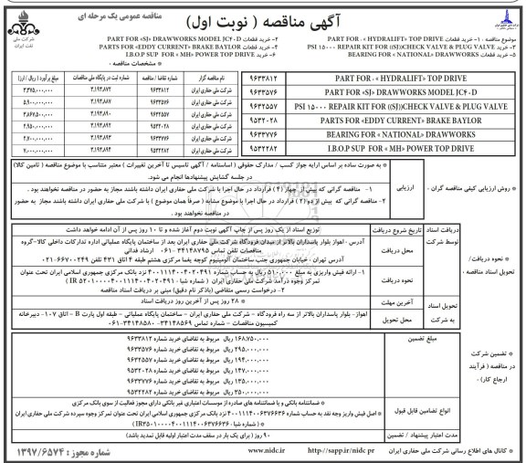 مناقصه عمومی , مناقصه عمومی خرید قطعات PART FOR HYDRALIFT TOP DRIVE  و ... 