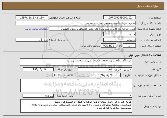 استعلام خرید 5دستگاه ترازوی اطفال دیجیتال طبق مشخصات پیوست