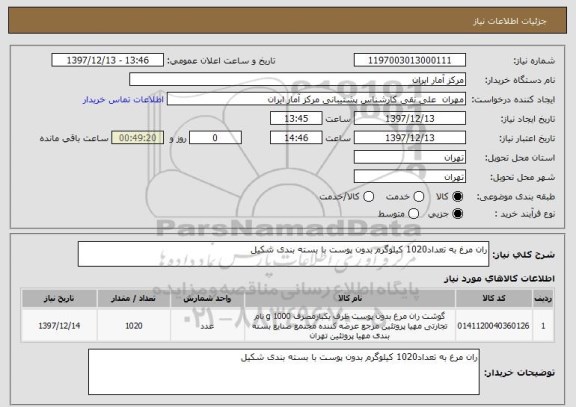 استعلام ران مرغ به تعداد1020 کیلوگرم بدون پوست با بسته بندی شکیل