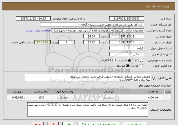 استعلام تعمیرات مدارس ابتدایی منتظری و شهید فیاض بخش رحیمی سیاهکل
مبلغ برآورد :191/989/483