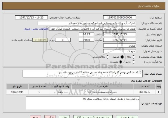 استعلام کف شکنی وحفر گالری یک حلقه چاه دستی دهانه گشاد در روستای نیزن
ریز مقادیر به پیوست می باشد