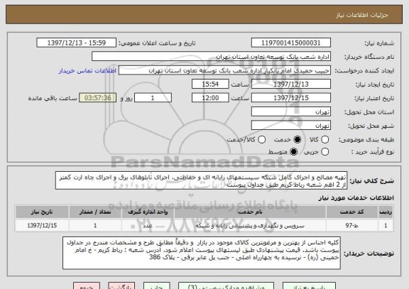 استعلام تهیه مصالح و اجرای کامل شبکه سیستمهای رایانه ای و حفاظتی، اجرای تابلوهای برق و اجرای چاه ارت کمتر از 2 اهم شعبه رباط کریم طبق جداول پیوست